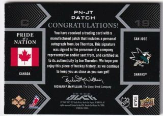 2008 - 09 Upper Deck UD Black Pride of a Nation JOE THORNTON Patch Auto /25 SHARKS 2