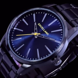 Excellanc Herren Armband Uhr Anthrazit - Schwarz Blau Gelb Edelstahl Armband