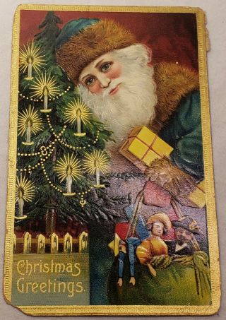 Antique Vintage 1909 Christmas Card Postcard Santa Claus Green Suit Toybag
