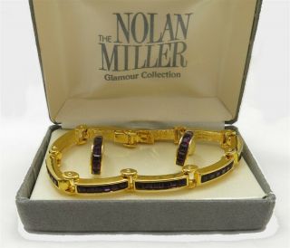 Vintage Nolan Miller Gold - Tone Purple Stone Channel Set Bracelet & Earring Set