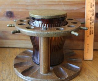 Vintage 10 Pipe Stand Holder Wooden Ships Wheel With Glass Tobacco Humidor