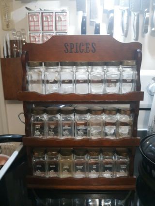 Vintage Griffiths Cupboard Shelf Wooden Spice Rack With 21 Glass Spice Jars