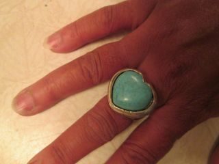 Large Vintage Size 8 Sterling Silver Turquoise Heart Ring 22.  5 Grams