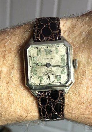 Vintage 1928 Hamilton Square Cut Corner White Gold Filled Watch 987 17J Runs 2