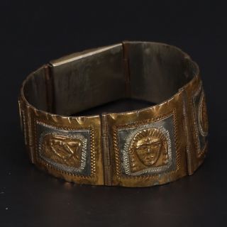 Vtg Sterling Silver - Mexico Mayan Sun Warrior Panel Link 6.  5 " Bracelet - 53.  5g