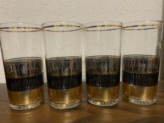 Set Of 4 Culver High Ball Bar Glasses - Black And Gold - Vintage - Mid Century