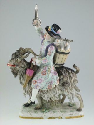 Large Antique 19th Century Meissen Porcelain Tailor Riding On Goat Circa 1860