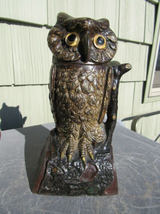 Antique 1880 Wise Owl Mechanical Bank J & E Stevens Glass Eyes Exc Con.