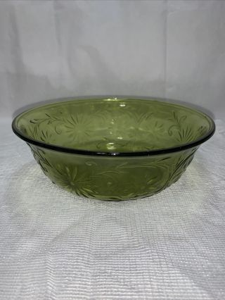 1979s Vintage Green Glass Bowl Vase With Raised Flowers Floral Ftd 7.  5 "