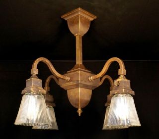 Antique 1910s Arts Crafts Mission Brass Bronze Ceiling Light Fixture Chandelier