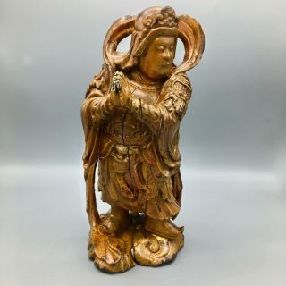 Antique Chinese Hand Carved 12 " Weituo Guardian Gold Gilt Red Lacquered Wood