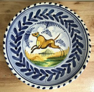Vintage Spain Leaping Dog 12.  25 " Hand Painted Blue Yellow Wall Plate - Vguc