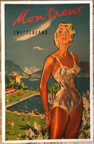 Vintage Swiss Travel Poster By Pierre Brenot - Montreaux,  Switzerland