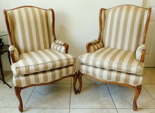 Pair Antique/vtg Mahogany Beige Stripe Upholstered Wing Back Accent Arm Chairs