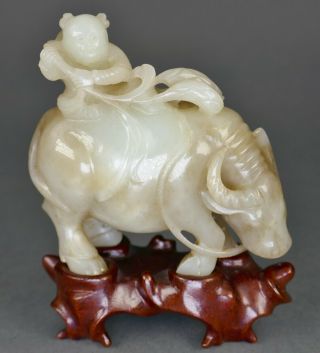 Fine Antique Chinese Carved Jade Child On Buffalo 