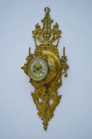 Antique C.  1900 French Brass Two Train Striking Cartel Wall Clock