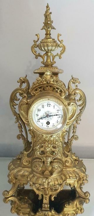 Antique Mantle Clock French Lovely 1880s Embossed Rococo Bronze Single Train