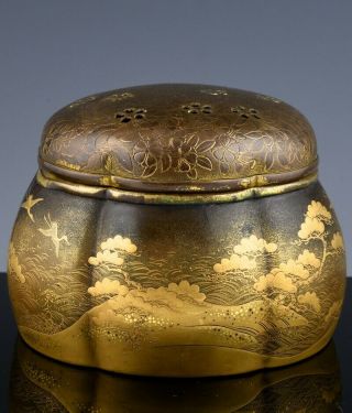 19thc Japanese Meiji Gold Lacquer & Bronze Scenic Incense Jar Censer Box