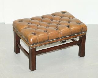 LOVELY VINTAGE HAND DYED BROWN LEATHER LARGE CHESTERFIELD TUFTED FOOTSTOOL 2