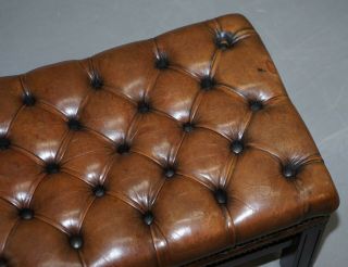 LOVELY VINTAGE HAND DYED BROWN LEATHER LARGE CHESTERFIELD TUFTED FOOTSTOOL 6