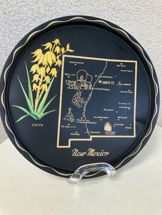 Mexico State Map Vintage Black Metal Round Travel Souvenir Tray Plate 11 "