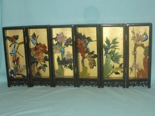 Set Of Six Vintage Jade And Quartz Flower Panels With Hand Paintings