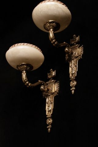 Pair Wall Sconces French Antique Style Solid Bronze And Real Alabaster
