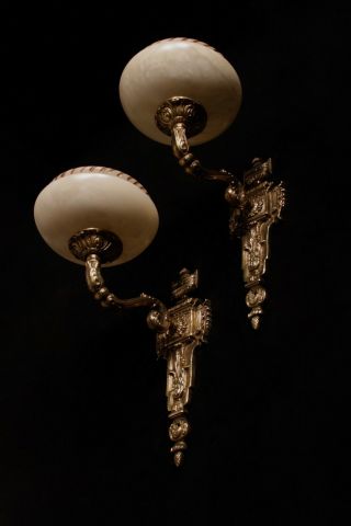 Pair wall sconces french antique style solid bronze and real alabaster 2