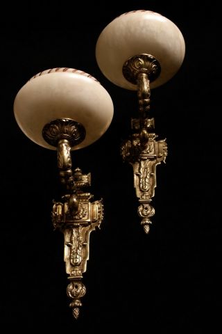 Pair wall sconces french antique style solid bronze and real alabaster 3