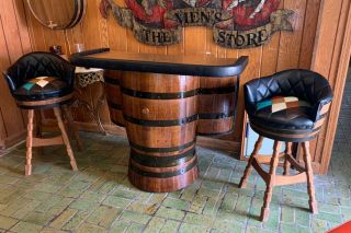 Mid Century Whiskey Barrel Bar And Swivel Bar Stools By Brothers Of Kentucky
