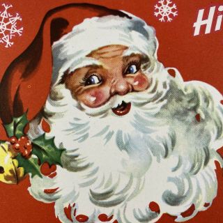 Vintage Mid Century Christmas Greeting Card Santa Claus Face Holly Berries Red