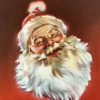 Vintage Mid Century Christmas Greeting Card Santa Claus Smiling Red Background