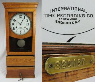 Antique International Time Recording Co.  Clock Oak Large Wall Runs & Will Ship