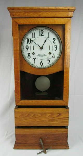 Antique INTERNATIONAL TIME RECORDING Co.  clock oak large wall RUNS & WILL SHIP 2