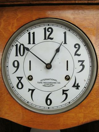 Antique INTERNATIONAL TIME RECORDING Co.  clock oak large wall RUNS & WILL SHIP 3