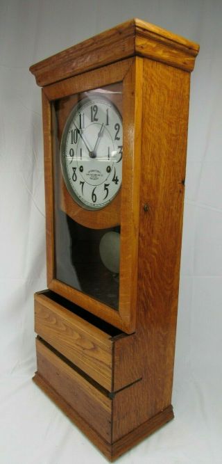 Antique INTERNATIONAL TIME RECORDING Co.  clock oak large wall RUNS & WILL SHIP 5