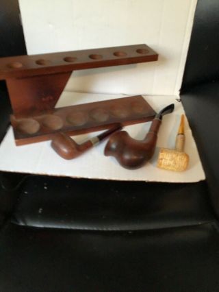 Vintage Pipe Stand Rack Wood Wooden & 3 Old Pipes Stand Holds 6 Smoking Man Cave