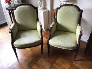 Antique French Louis Xvi Hand Carved Wood Armchairs Fauteuils