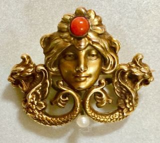 Antique 14k Gold Art Nouveau Coral & Pearl Woman Wyvern Watch Holder Pin Brooch
