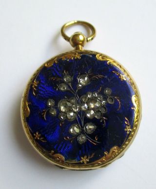 Antique 1854 Ladies Pendant Watch 18k Gold,  18 Diamonds Cobalt Blue Enamel 15 Gr.