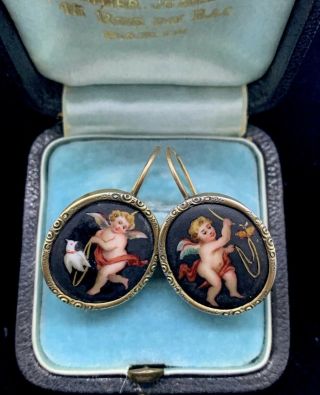 Antique Victorian 14k/silver Hand Painted On Enamel Cherub/angel Wire Earrings