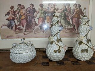 Antique Schneeballen Porcelain Snowball Covered Bowl And Dresser Bottles