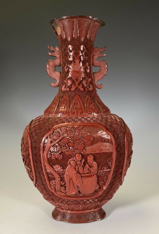 Antique Chinese Carved Cinnabar Lacquer Vase With Handles Qing Dynasty