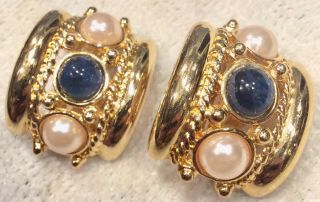 Vintage Joan Rivers Blue Cabochon & Faux Pearl Gold Tone Earrings