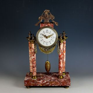 Antique French Ornate Rose Marble And Bronze Dore Pillar Mantel Clock