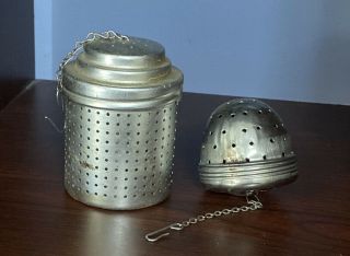 2 Vintage Tea Leaf Strainer Infuser Steeper Metal Ball Acorn Basket Chain & Hook