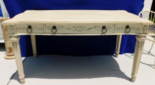 Large Ornate Broyhill 60 " Ivory Antique Style Solid Wood Carved Oversized Desk
