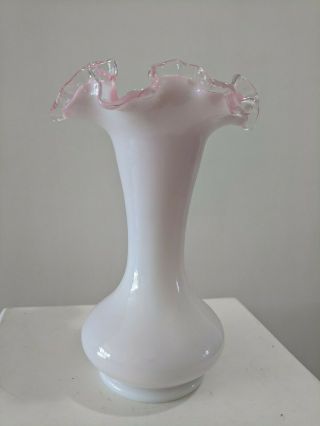 Vintage White And Pink Glass Vase With Crimped Rim