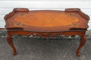 French Early 1900s Hand Carved Inlay Top Coffee Table 1725
