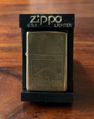 Vintage Solid Brass Zippo Lighter In Case With Papers - Marlboro Design